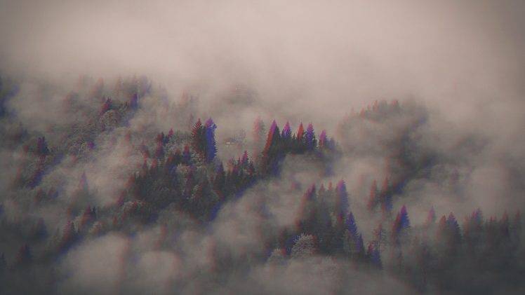 3D, Anaglyph 3D, Forest, Trees, Clouds HD Wallpaper Desktop Background