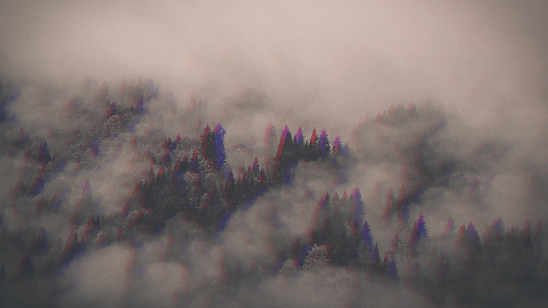 3D, Anaglyph 3D, Forest, Trees, Clouds Wallpaper