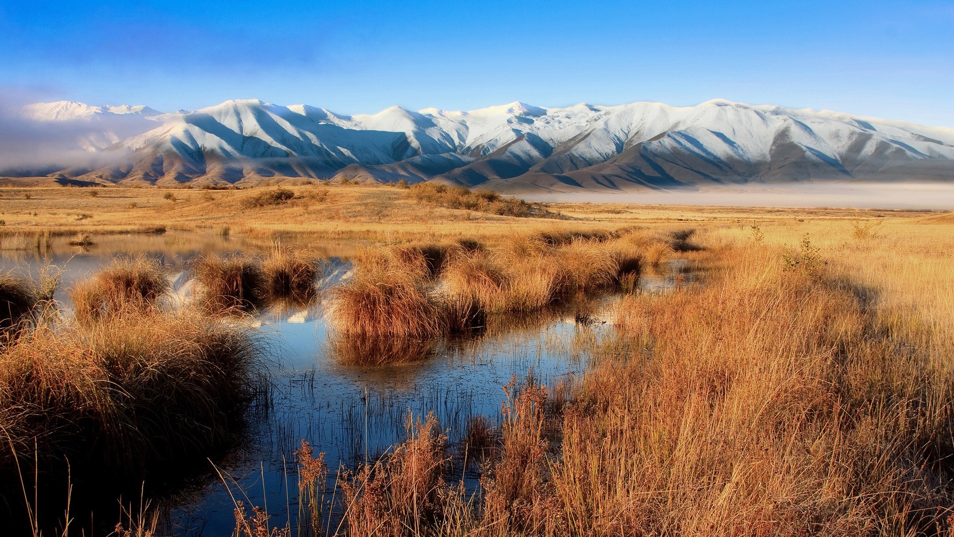 landscape, Mountain, Water, Field, Mist Wallpaper