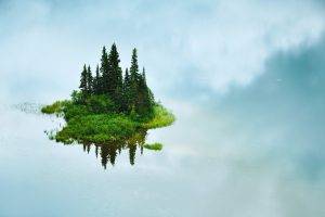 nature, Trees, Water, Grass, Island, Reflection, Clouds