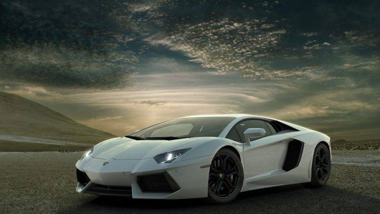 Lamborghini, Lamborghini Aventador, White, Clouds, Desert, Car HD Wallpaper Desktop Background