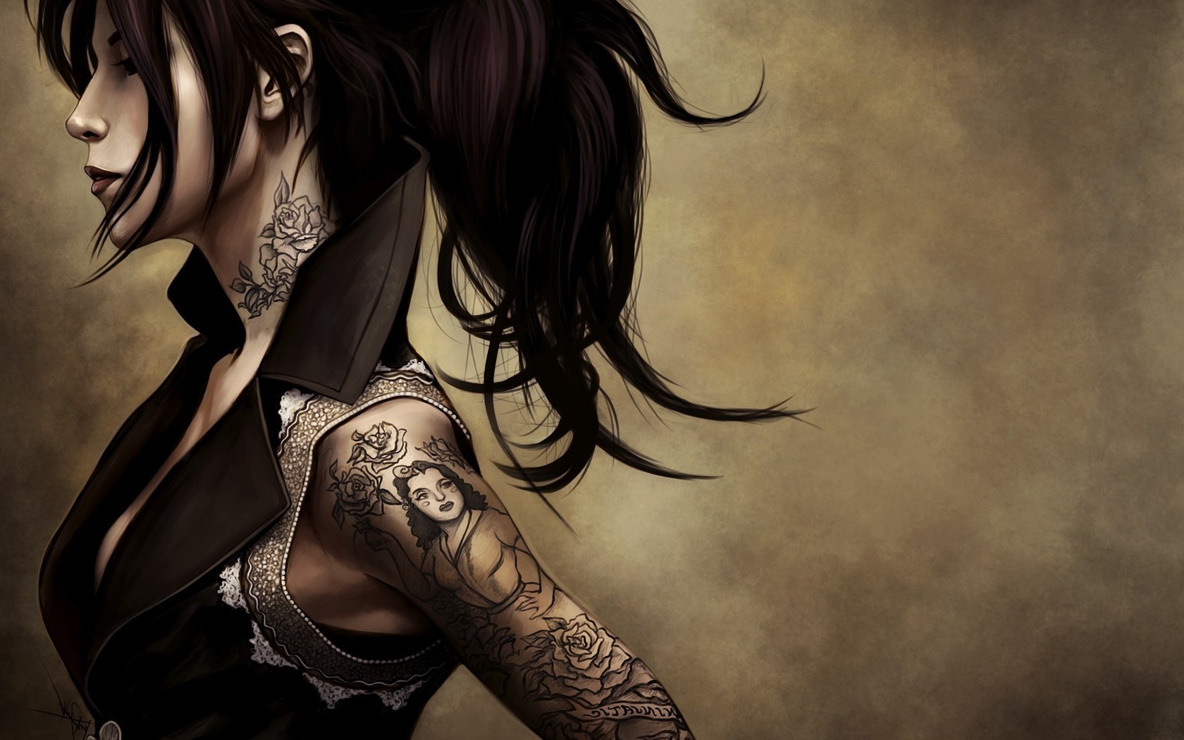 women, Tattoo, Artwork, Digital Art, Ponytail Wallpaper