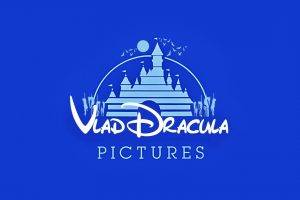 humor, Logo, Dracula, Castle, Bats, Blue Background, Walt Disney