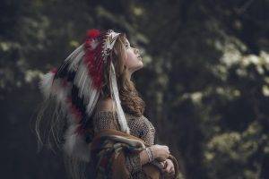 Native Americans, Brunette, Nature, Headdress, Profile, Looking Up, Cardigan
