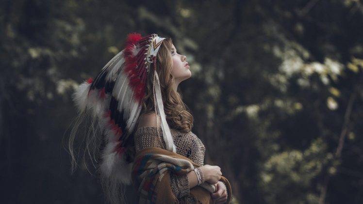 Native Americans, Brunette, Nature, Headdress, Profile, Looking Up, Cardigan HD Wallpaper Desktop Background