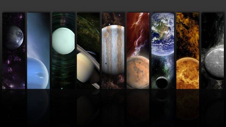 space, Planet, Stars, Sun, Earth, Mercury, Venus, Mars, Jupiter, Saturn, Uranus, Neptune, Pluto, Reflection, Moon HD Wallpaper Desktop Background