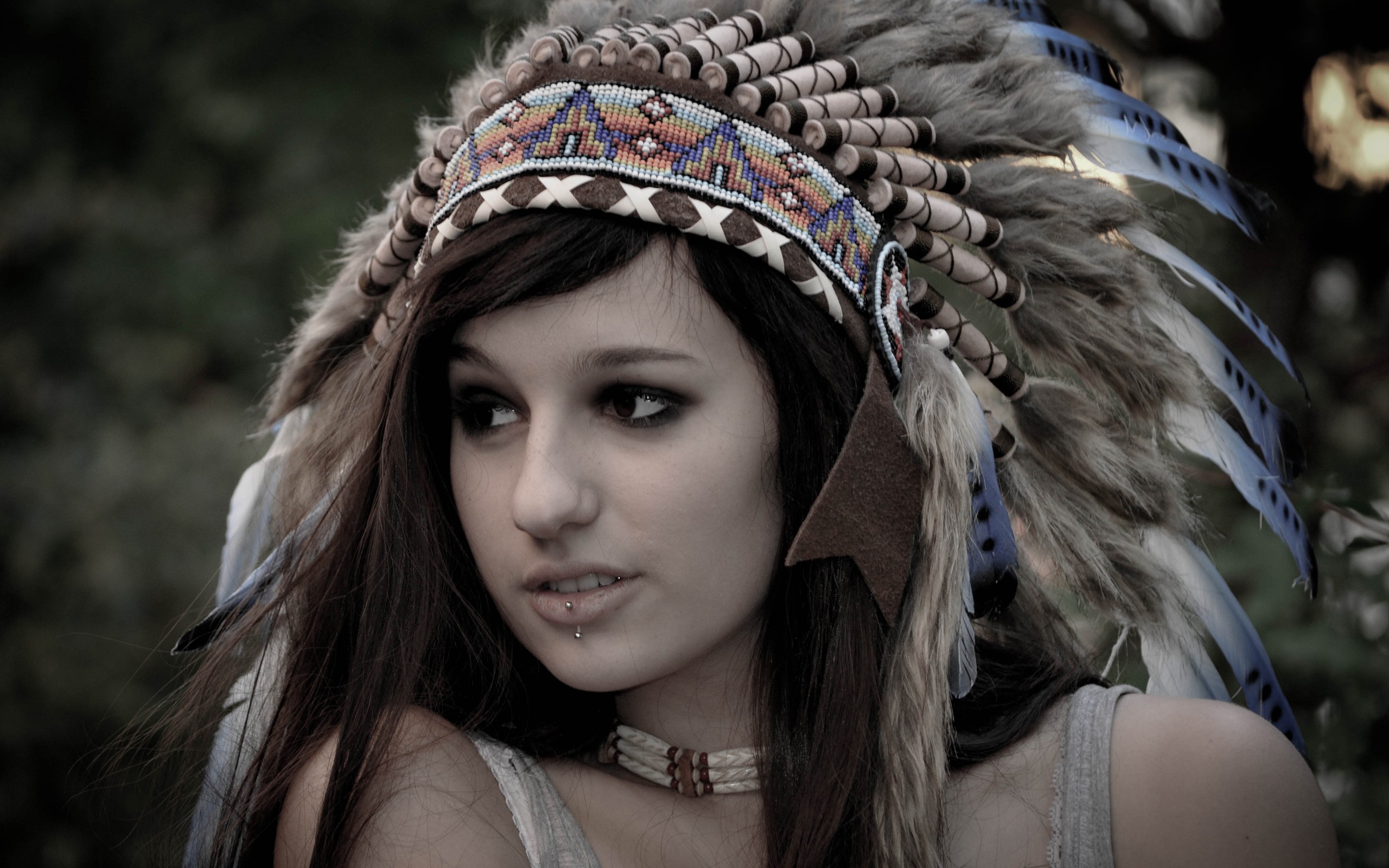 women, Model, Redhead, Long hair, Face, Feathers, Native 