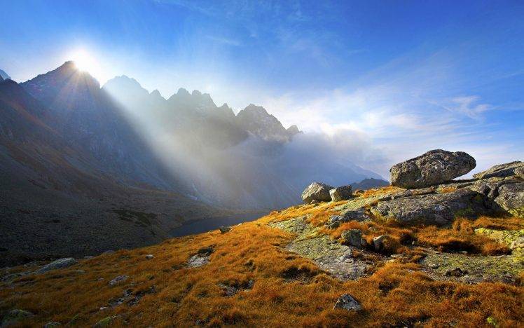 nature, Landscape, Sky, Clouds, Rock, Mountain, Lake, Sunlight HD Wallpaper Desktop Background
