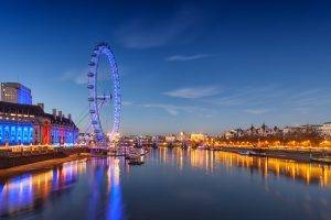river, London, London Eye, Ferris Wheel, Lights, Reflection, River Thames