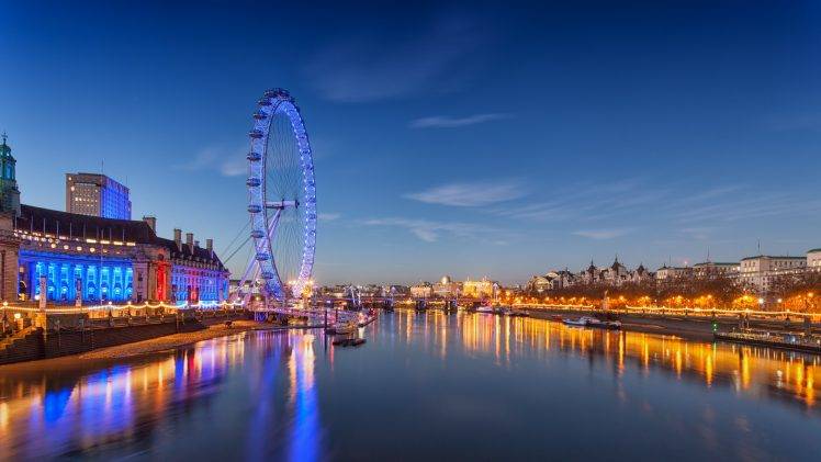 river, London, London Eye, Ferris Wheel, Lights, Reflection, River Thames HD Wallpaper Desktop Background
