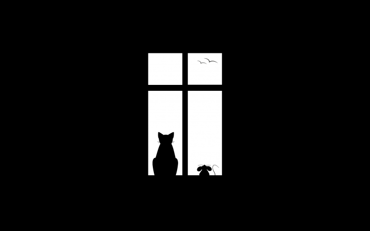 minimalism, Artwork, Black Background, Animals, Black, White, Cat, Birds HD Wallpaper Desktop Background