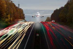 lights, Long Exposure, Road, Highway, Airplane, France, Road Sign, Trees, Car, Light Trails