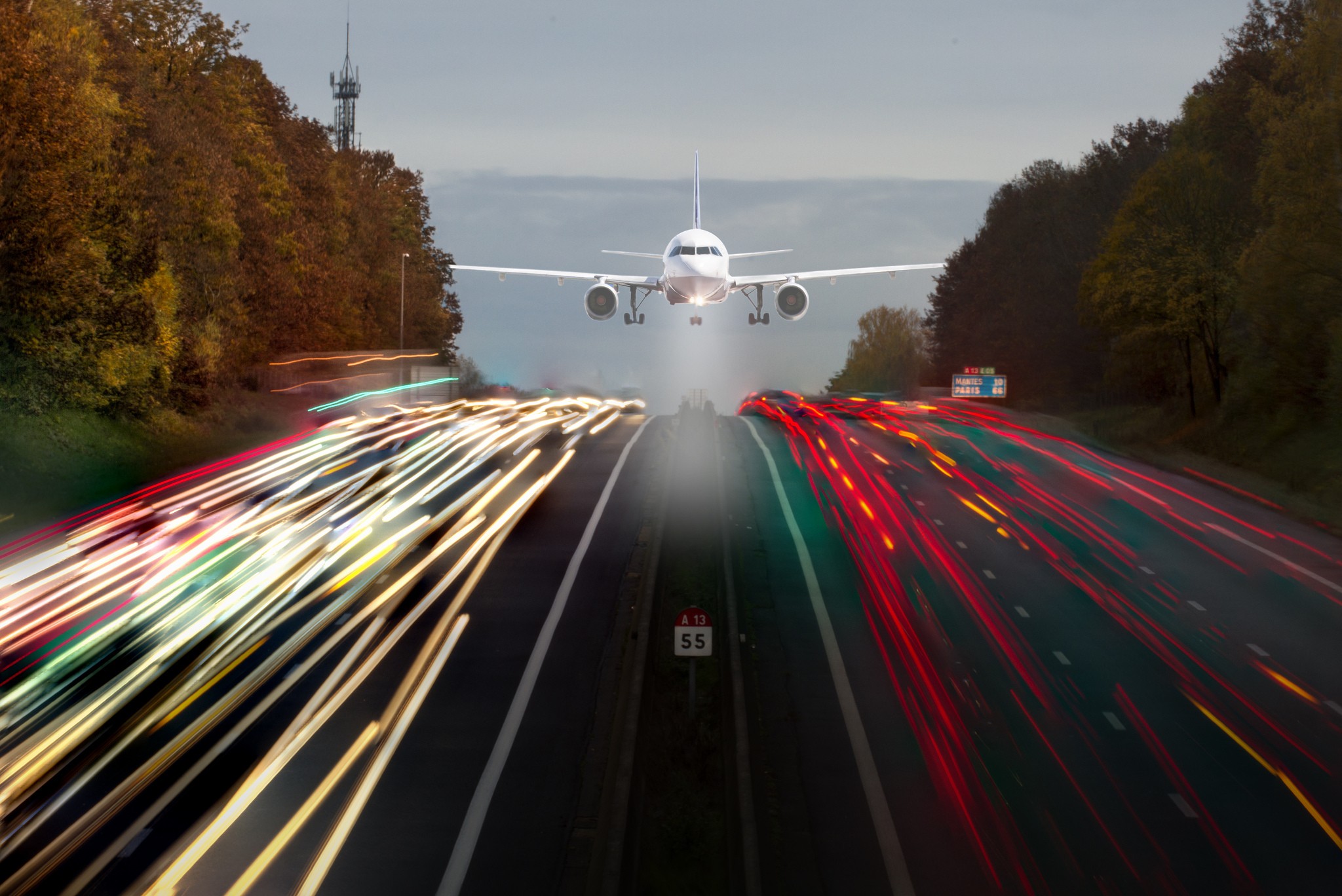 lights, Long Exposure, Road, Highway, Airplane, France, Road Sign, Trees, Car, Light Trails Wallpaper