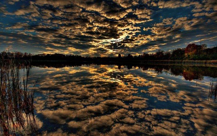 reflection, Sunset, Lake, Clouds, Trees HD Wallpaper Desktop Background