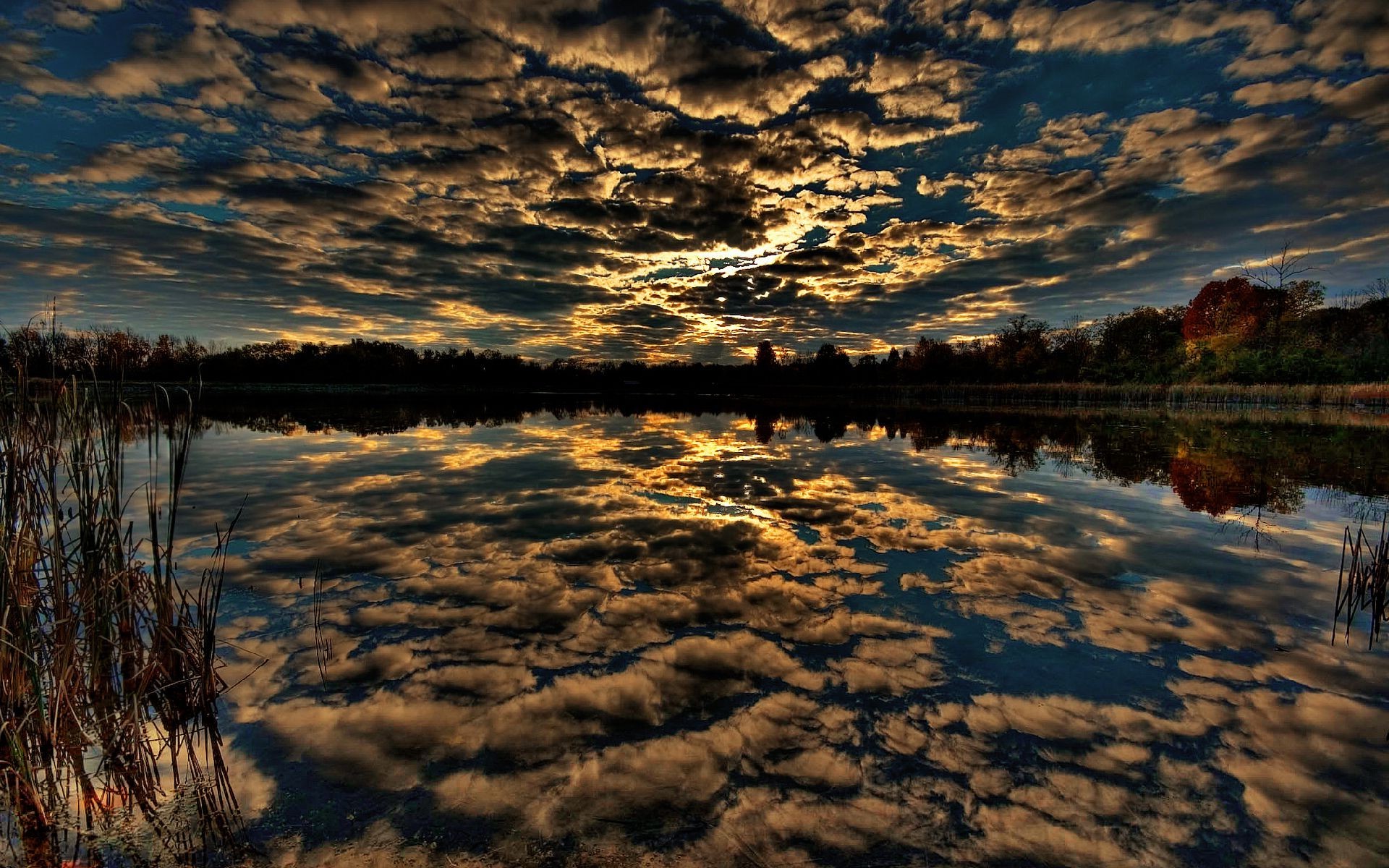 reflection, Sunset, Lake, Clouds, Trees Wallpaper