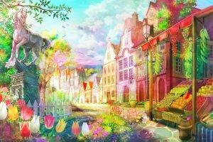 village, Horse, Flowers, Fruit, Colorful, Sun Rays