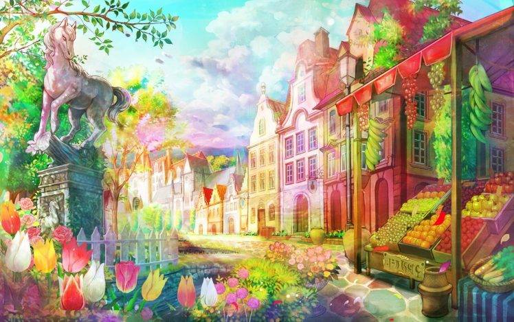 village, Horse, Flowers, Fruit, Colorful, Sun Rays HD Wallpaper Desktop Background
