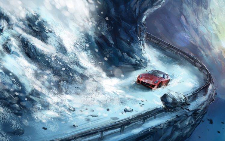 artwork, Cliff, Ferrari, Ferrari 599XX HD Wallpaper Desktop Background