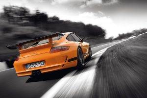 car, Motion Blur, Rear View, Porsche, Porsche GT3RS, Orange Cars, Selective Coloring