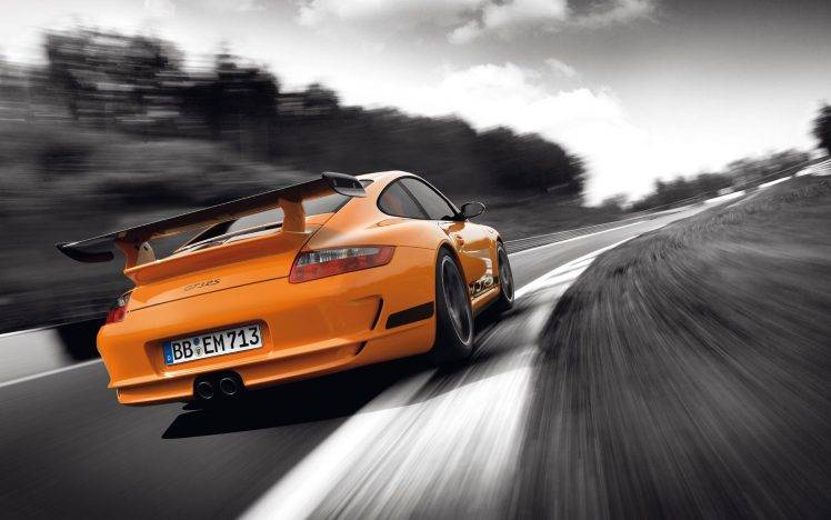 car, Motion Blur, Rear View, Porsche, Porsche GT3RS, Orange Cars, Selective Coloring HD Wallpaper Desktop Background