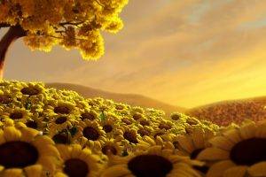 landscape, Flowers, Sunflowers