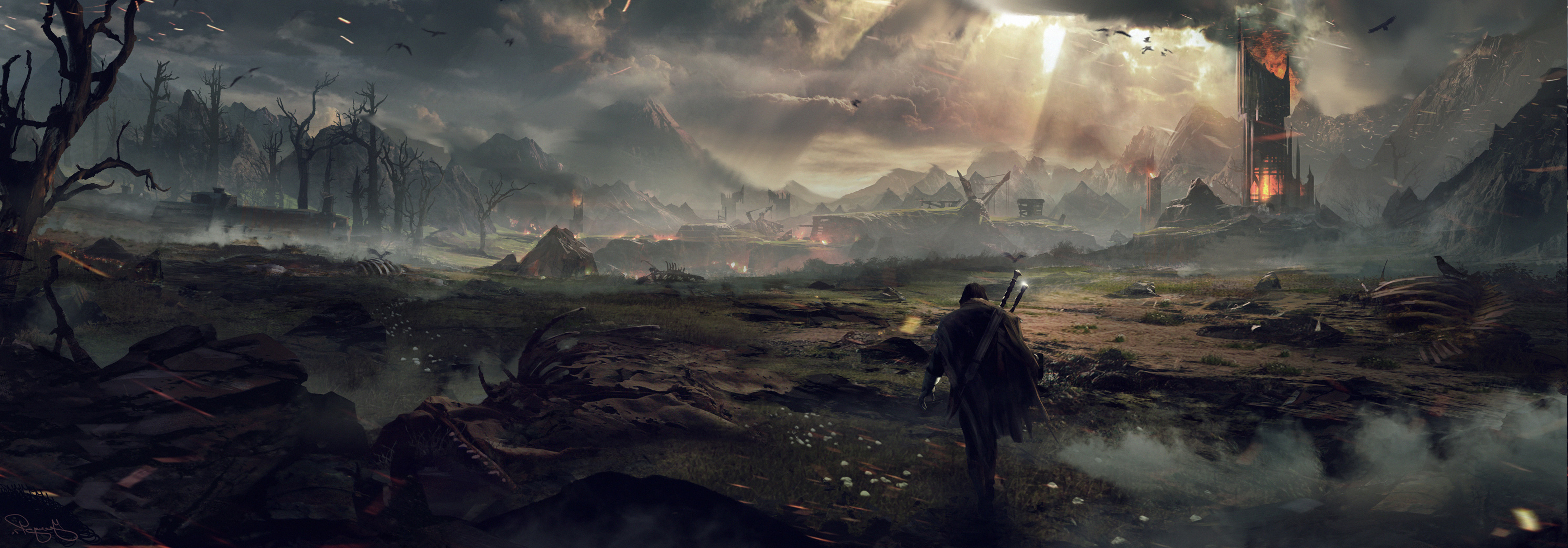 Middle earth: Shadow Of Mordor, Eagle, Video Games, Fire, Skeleton, Sword, Concept Art, The Lord Of The Rings Wallpaper