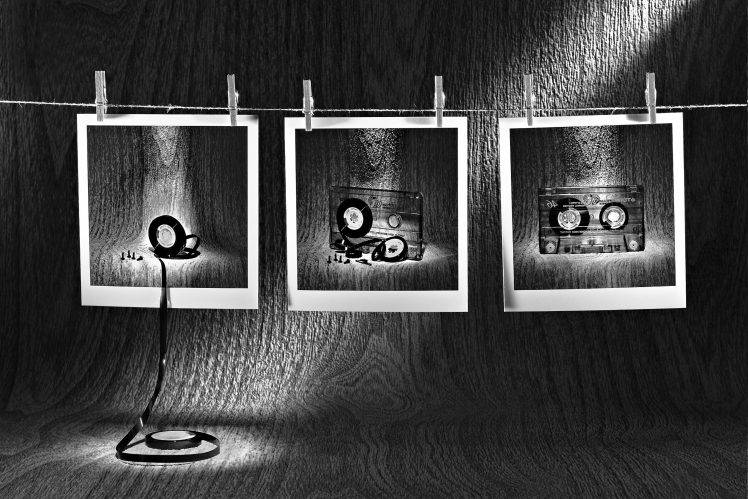 creativity, Artwork, Humor, Tape Cassettes, Polaroids, Photography, Tape, Wood, Cords, Photo Manipulation, Monochrome, Screw, Cassettes, Optical Illusion HD Wallpaper Desktop Background
