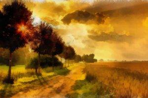 artwork, Field, Nature, Landscape, Trees, Sunset, Clouds, Sky