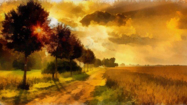 artwork, Field, Nature, Landscape, Trees, Sunset, Clouds, Sky HD Wallpaper Desktop Background