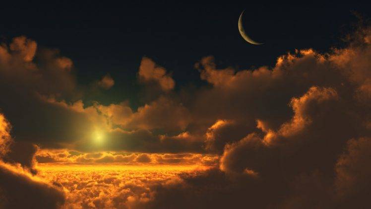 anime, Clouds, Moon, Sun, Space HD Wallpaper Desktop Background