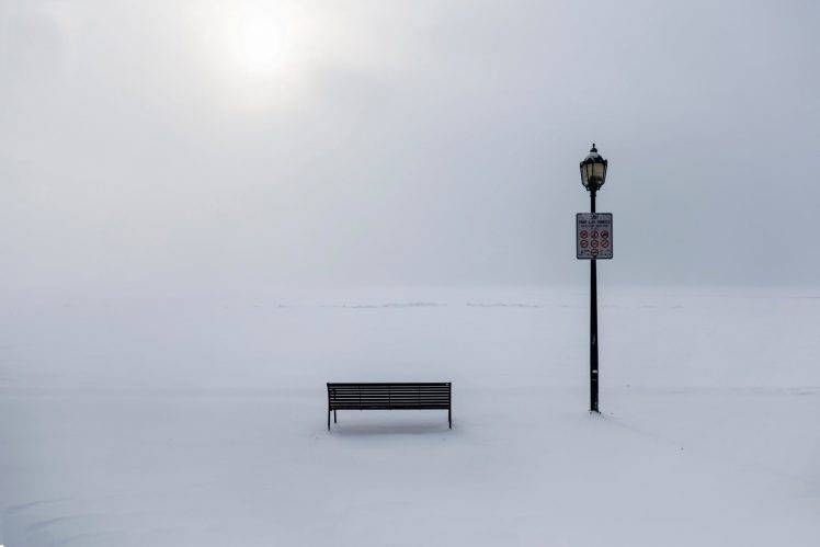 nature, Winter, Snow, Bench, Minimalism, Sunlight, Park, Street Light, Signs HD Wallpaper Desktop Background