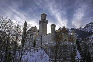 nature, Winter, Snow, Trees, Castle, Schloss Neuschwanstein, Germany, Mountain, Clouds, Tower, Architecture