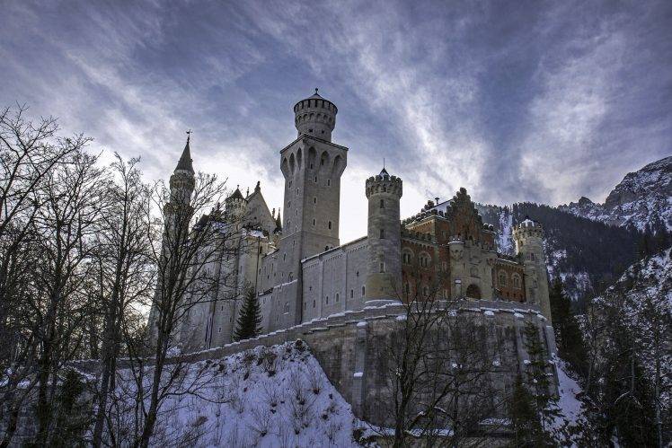 nature, Winter, Snow, Trees, Castle, Schloss Neuschwanstein, Germany, Mountain, Clouds, Tower, Architecture HD Wallpaper Desktop Background