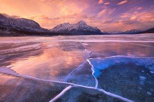 nature, Winter, Snow, Ice, Mountain, Clouds, Sunset, Lake, Reflection