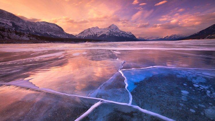nature, Winter, Snow, Ice, Mountain, Clouds, Sunset, Lake, Reflection HD Wallpaper Desktop Background