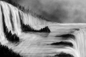 monochrome, Digital Art, Nature, Landscape, Trees, Waterfall