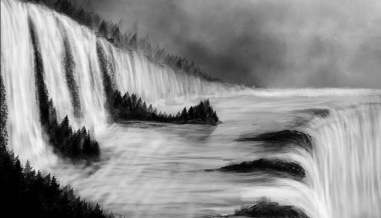monochrome, Digital Art, Nature, Landscape, Trees, Waterfall HD Wallpaper Desktop Background