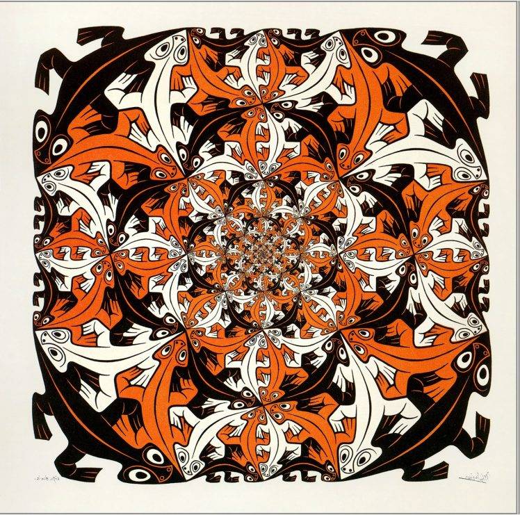 artwork, Drawing, M. C. Escher, Symmetry, Optical Illusion, Animals, Lizards HD Wallpaper Desktop Background