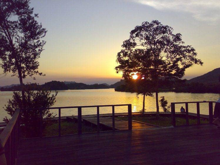 sunset, Nature, Landscape, Trees, Walkway, Lake, Fence HD Wallpaper Desktop Background