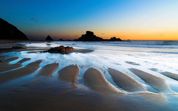 nature, Landscape, Sea, Beach, Horizon, Sand, Rock, Sunset HD Wallpaper Desktop Background