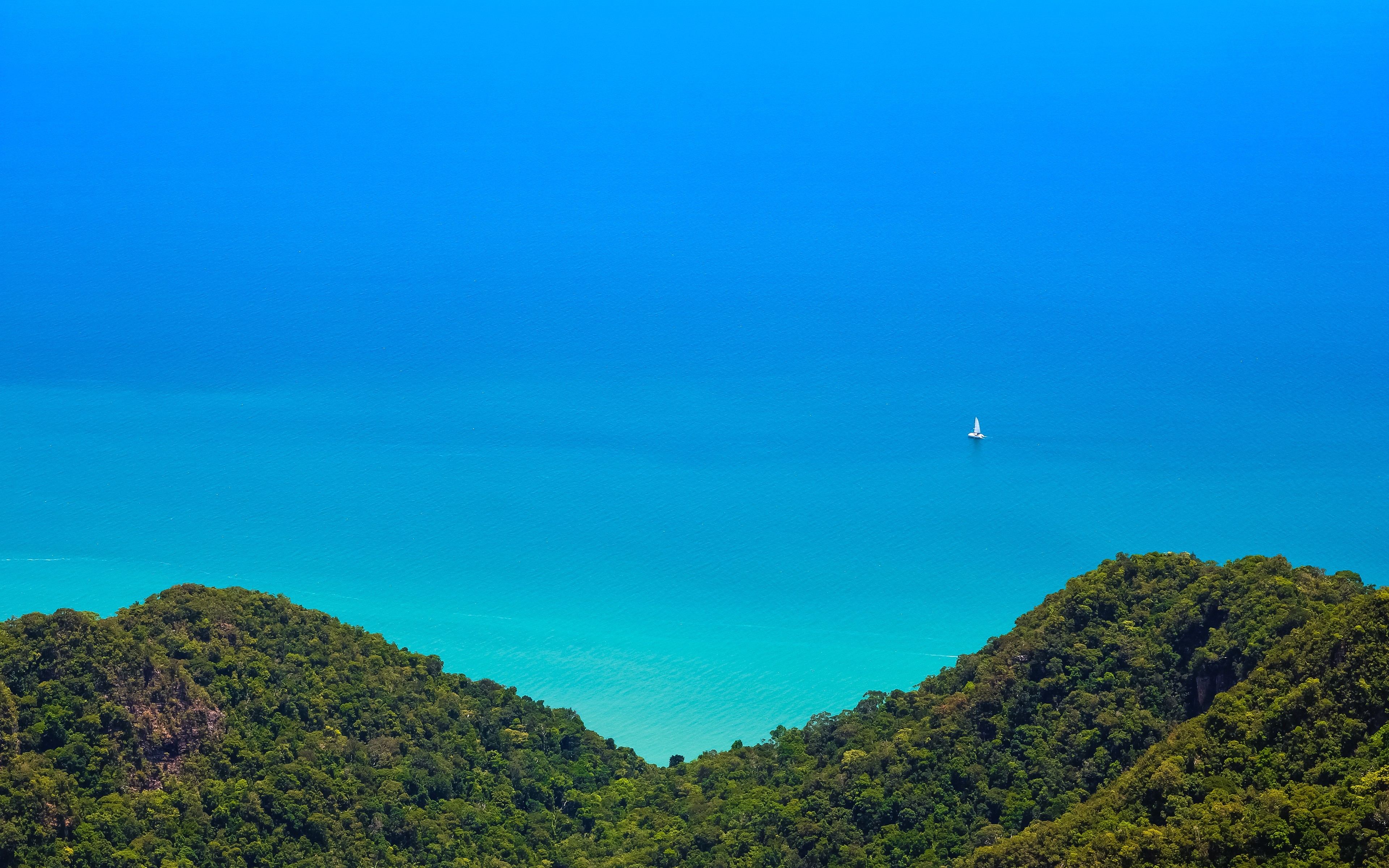 nature, Landscape, Sea, Trees, Forest, Hill, Sailing Ship, Boat, Langkawi, Malaysia Wallpaper
