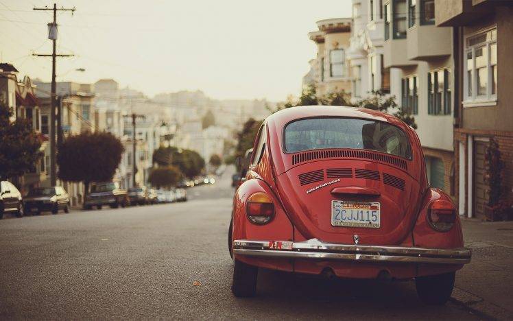 car, Volkswagen, Volkswagen Beetle, Red Cars, Depth Of Field, Road HD Wallpaper Desktop Background
