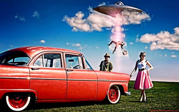 car, UFOs, Red Cars, Clouds HD Wallpaper Desktop Background
