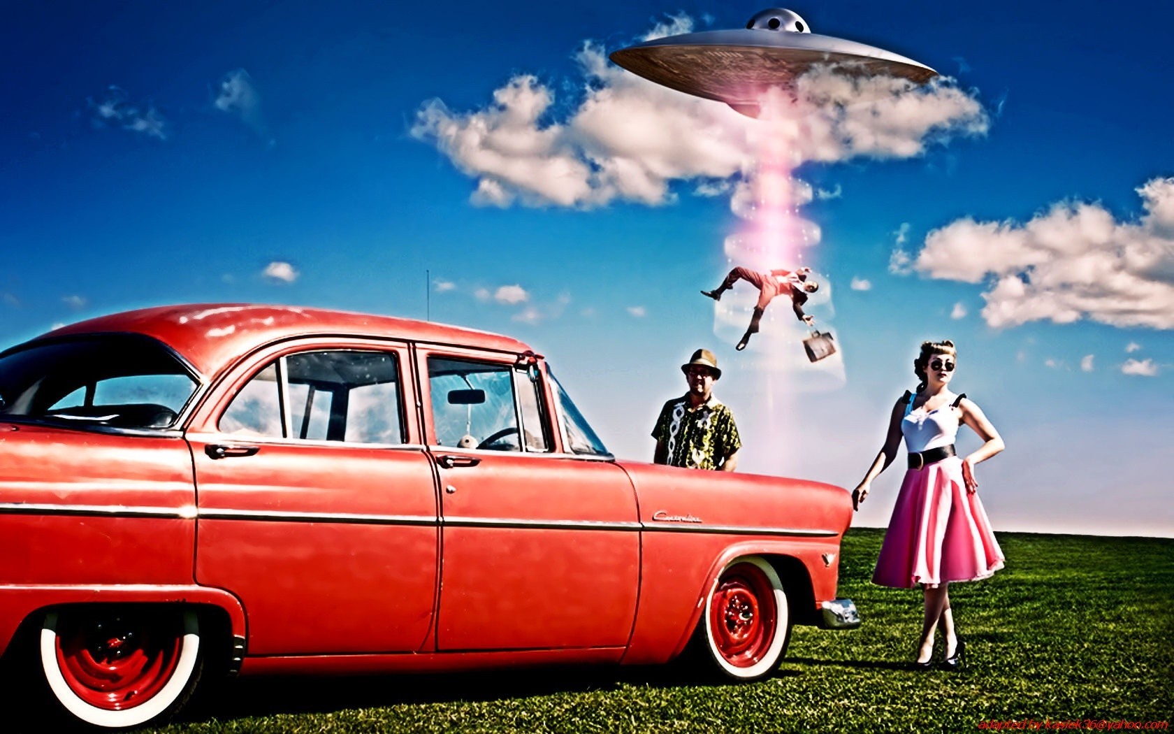 car, UFOs, Red Cars, Clouds Wallpaper