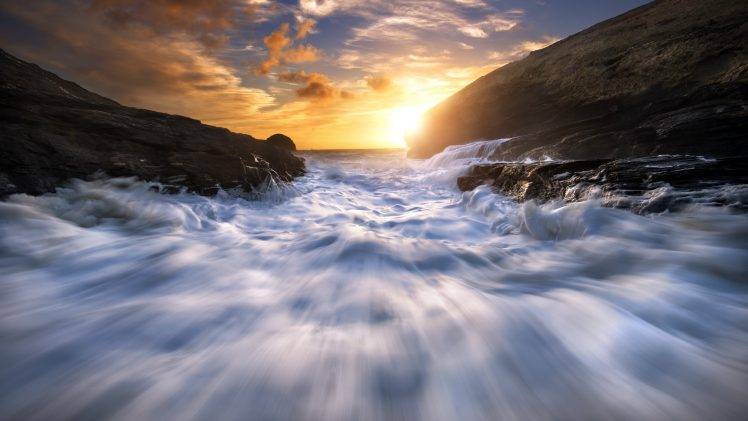 photography, Nature, Sunset, Long Exposure, Water, Waves, Rock HD Wallpaper Desktop Background