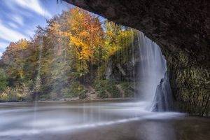 nature, Landscape, Water, Waterfall, Long Exposure, Trees, Cave, Clouds