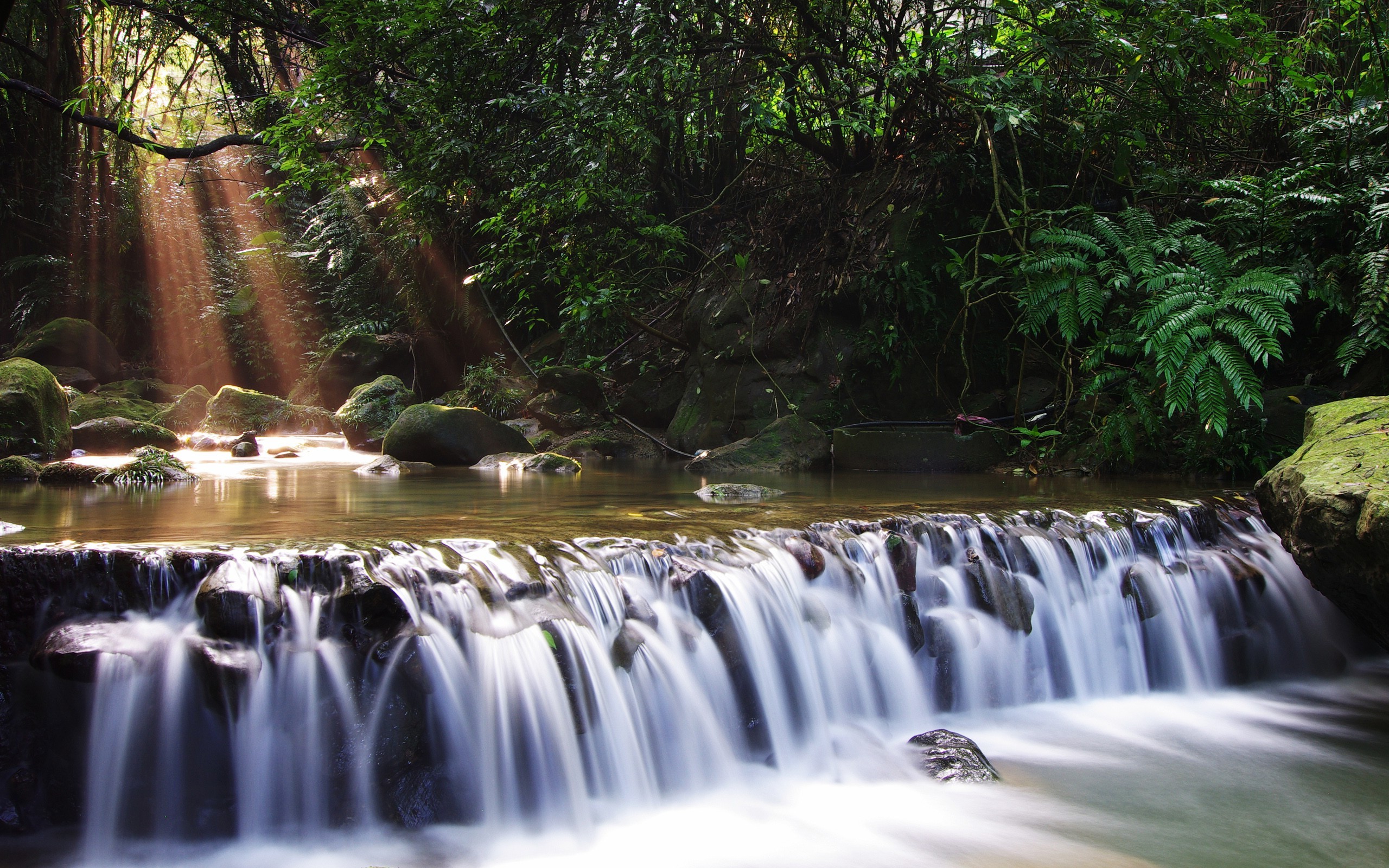 nature, Landscape, Water, Waterfall, Long Exposure, Trees, Rock, Forest, Sunlight Wallpaper