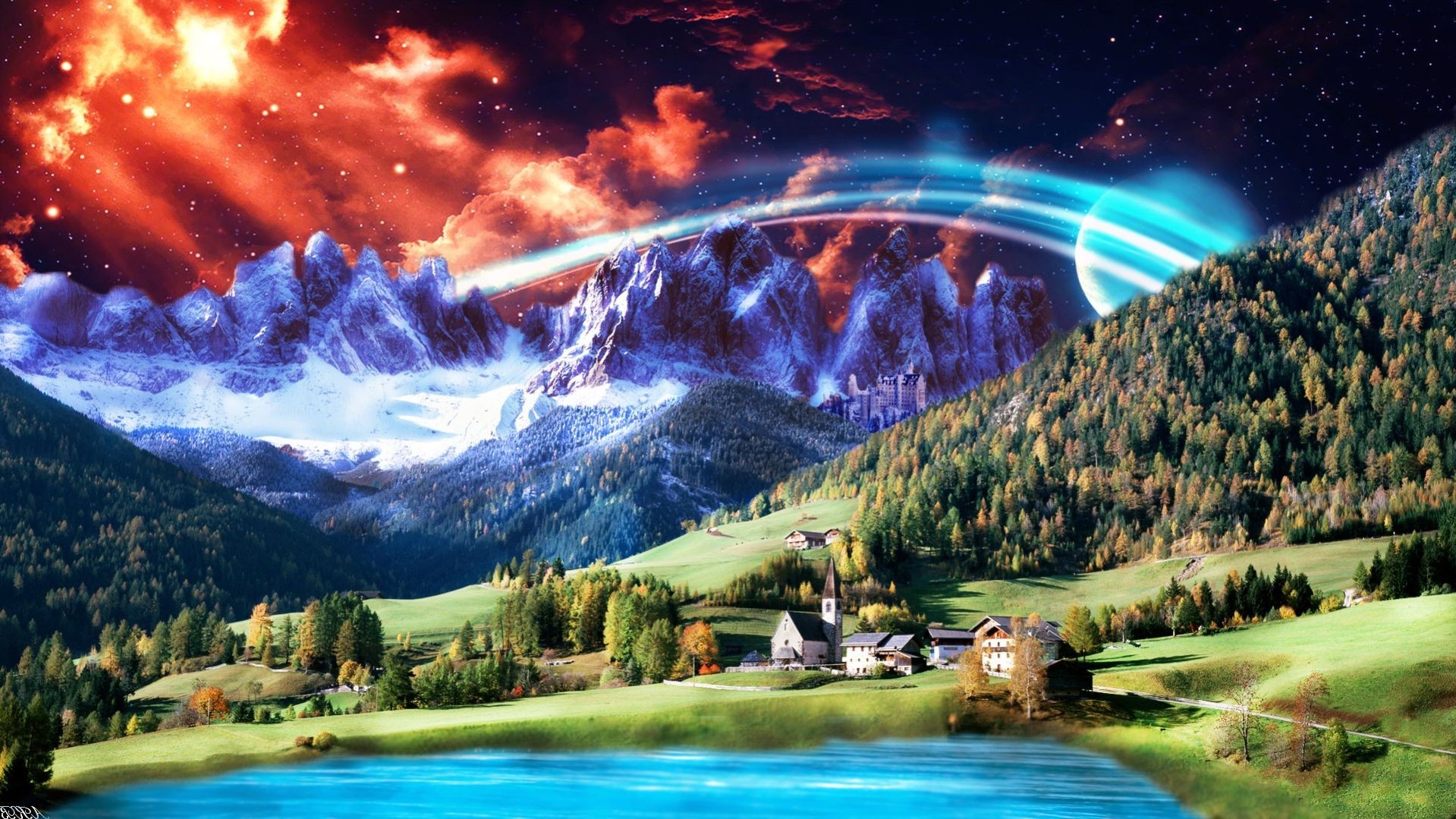 landscape, Photo Manipulation, Village, Hill, Mountain, Nebula Wallpaper