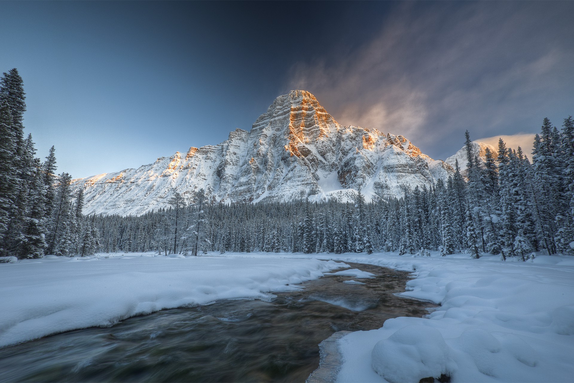 nature, Mountain, Snow, Winter, Water, Canada, Trees, Forest, Sunlight, River Wallpaper