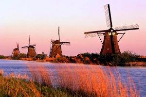 river, Windmills, Building, Nature, Landscape, Sunset, Sky
